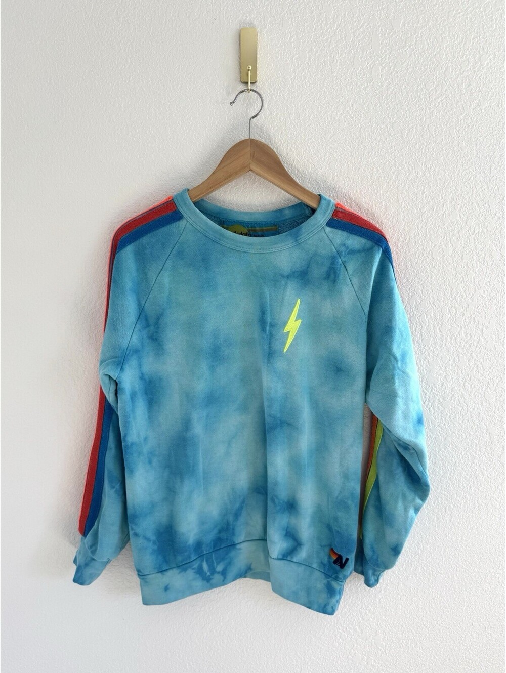 Aviator Nation Blue Tie Dye Neon 5 Stripe Bolt Crewneck Sweatshirt Women's S